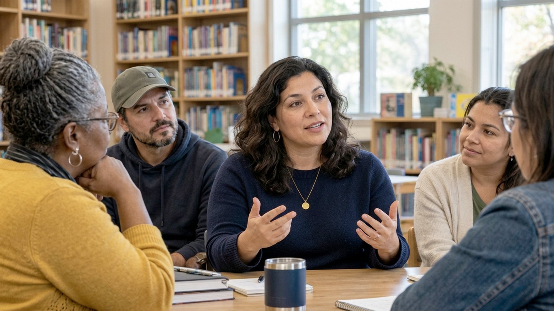 Parents and community members in conversation around a library table